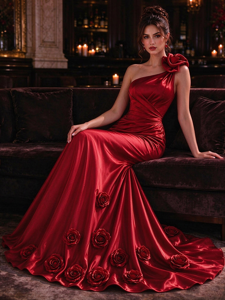 Satin Mermaid One Shoulder Long Evening Dresses with 3D Flowers