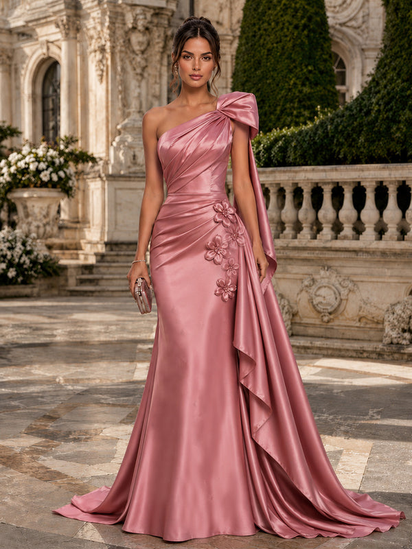 Satin Mermaid One Shoulder Long Evening Dresses with 3D Flowers
