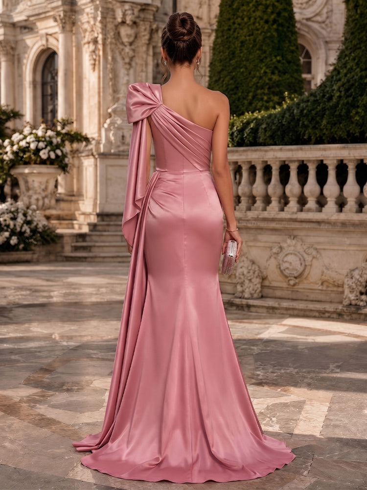 Satin Mermaid One Shoulder Long Evening Dresses with 3D Flowers