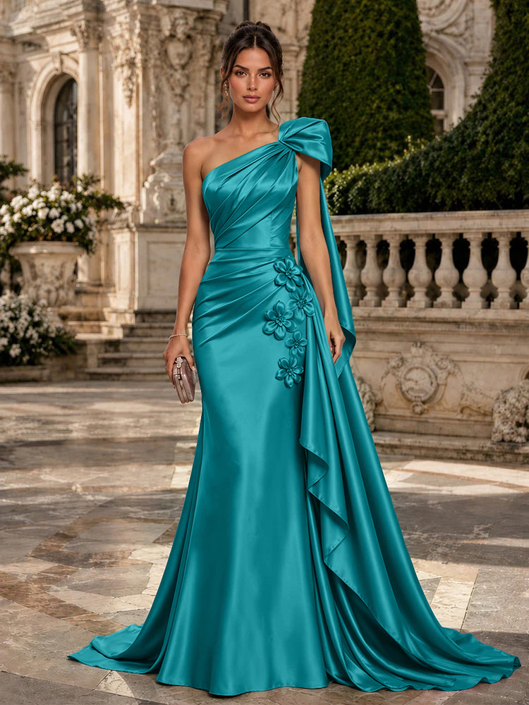 Satin Mermaid One Shoulder Long Evening Dresses with 3D Flowers