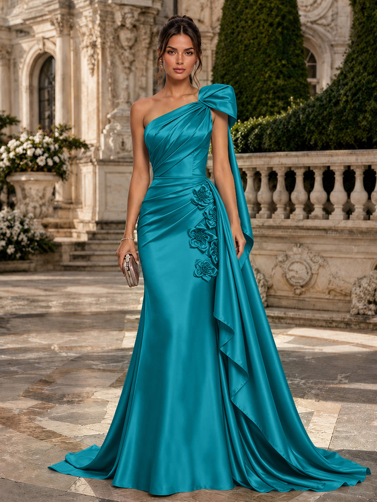 Satin Mermaid One Shoulder Long Evening Dresses with 3D Flowers