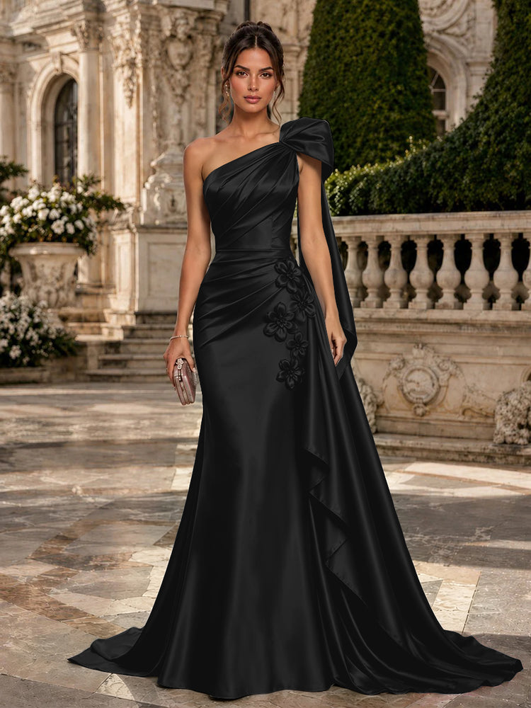 Satin Mermaid One Shoulder Long Evening Dresses with 3D Flowers
