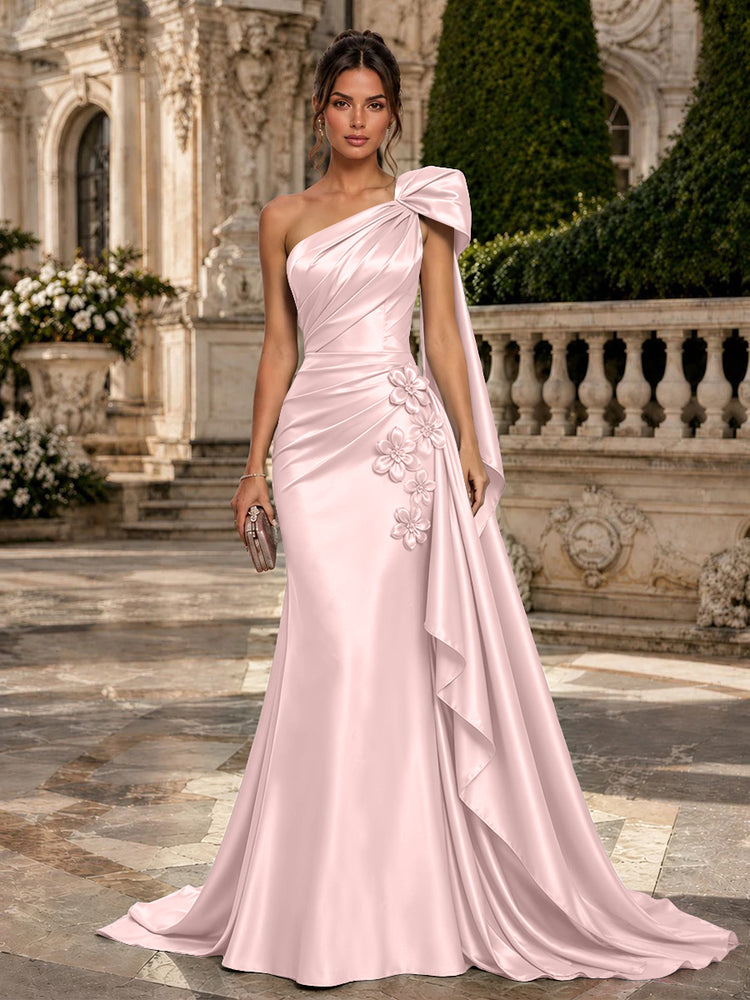 Satin Mermaid One Shoulder Long Evening Dresses with 3D Flowers