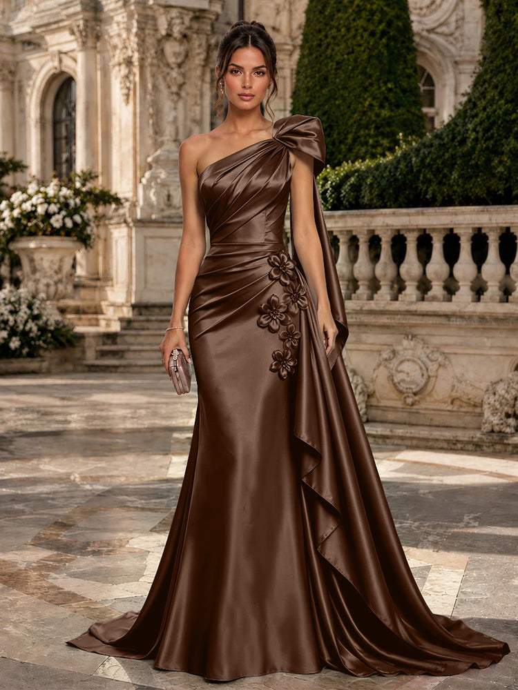 Satin Mermaid One Shoulder Long Evening Dresses with 3D Flowers