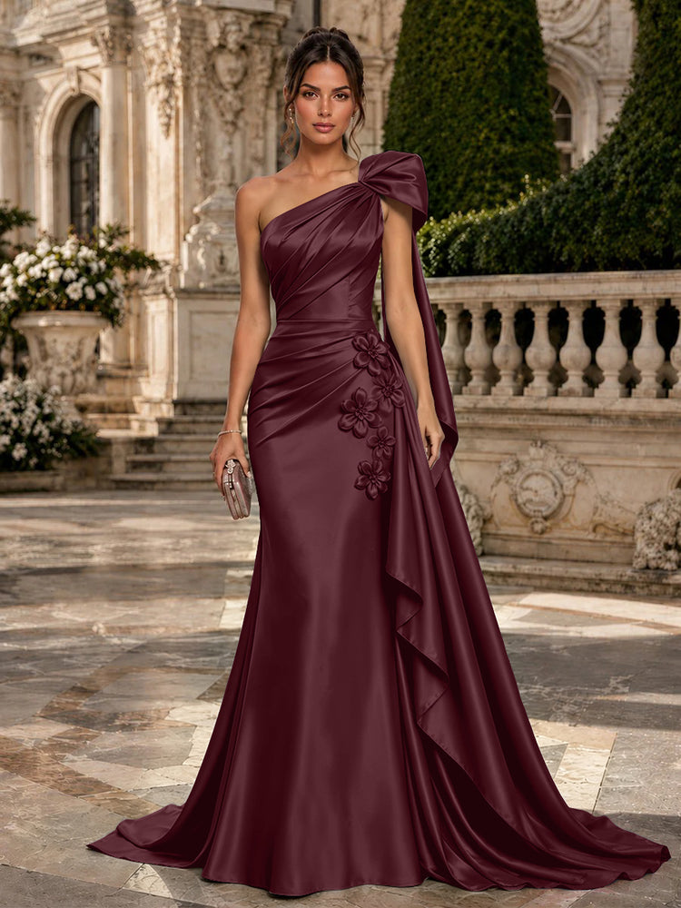 Satin Mermaid One Shoulder Long Evening Dresses with 3D Flowers