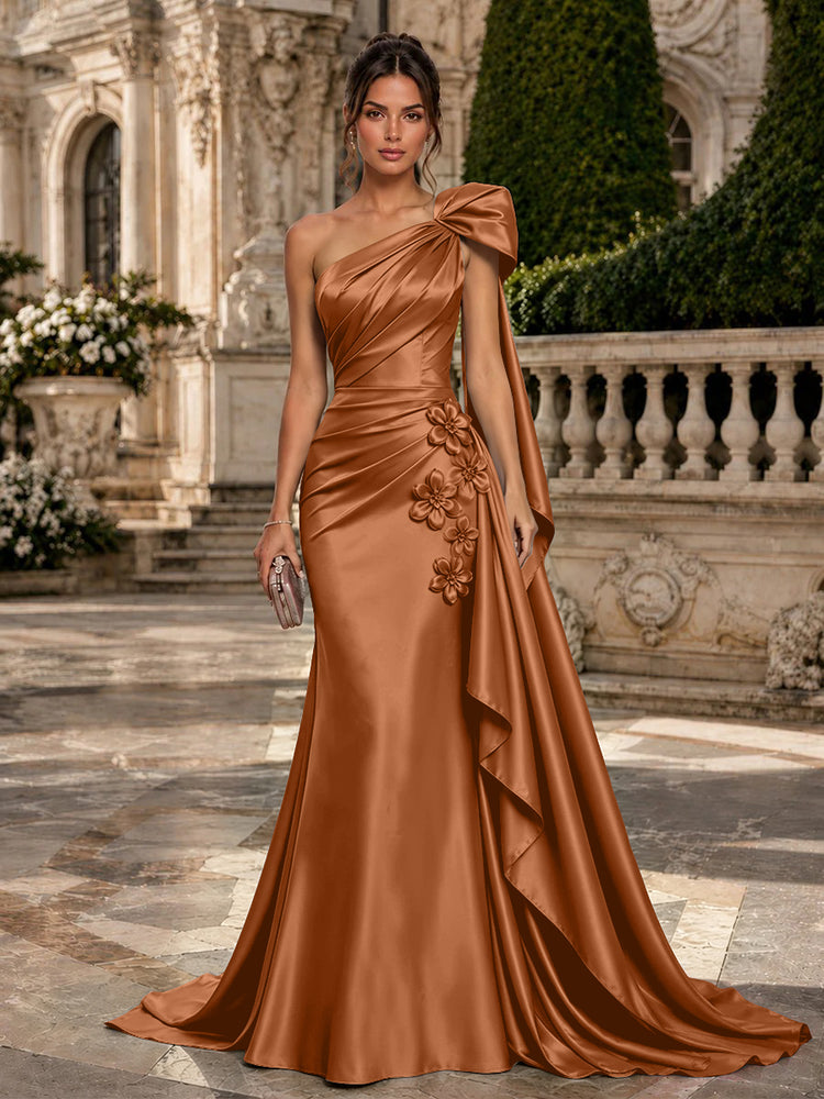 Satin Mermaid One Shoulder Long Evening Dresses with 3D Flowers