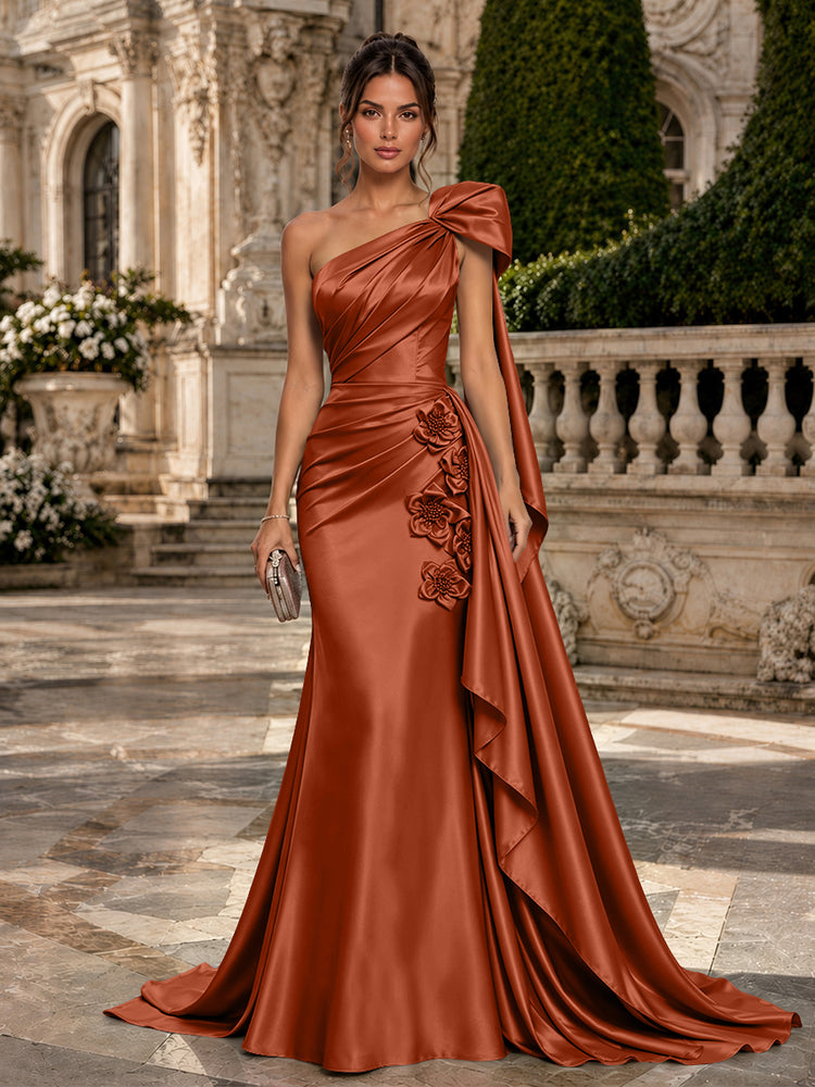 Satin Mermaid One Shoulder Long Evening Dresses with 3D Flowers