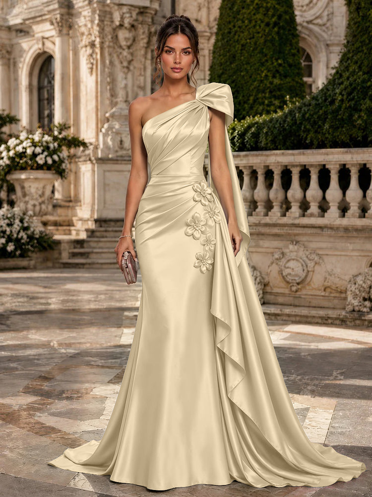 Satin Mermaid One Shoulder Long Evening Dresses with 3D Flowers