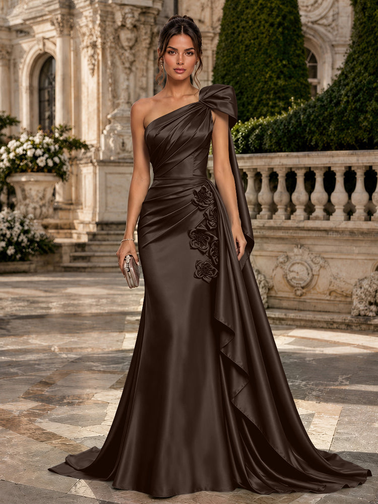 Satin Mermaid One Shoulder Long Evening Dresses with 3D Flowers