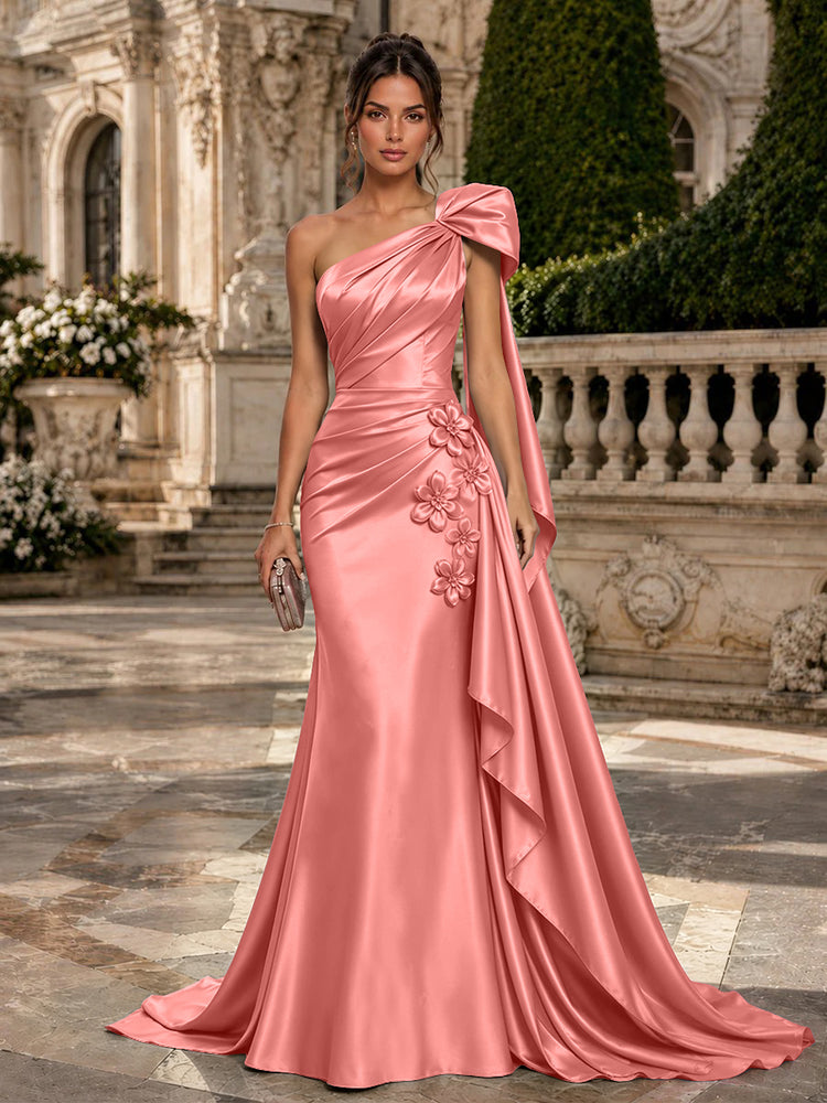 Satin Mermaid One Shoulder Long Evening Dresses with 3D Flowers