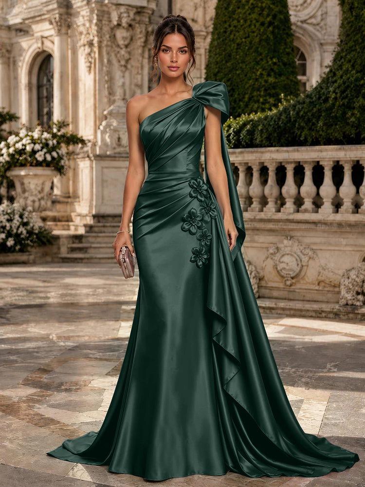 Satin Mermaid One Shoulder Long Evening Dresses with 3D Flowers