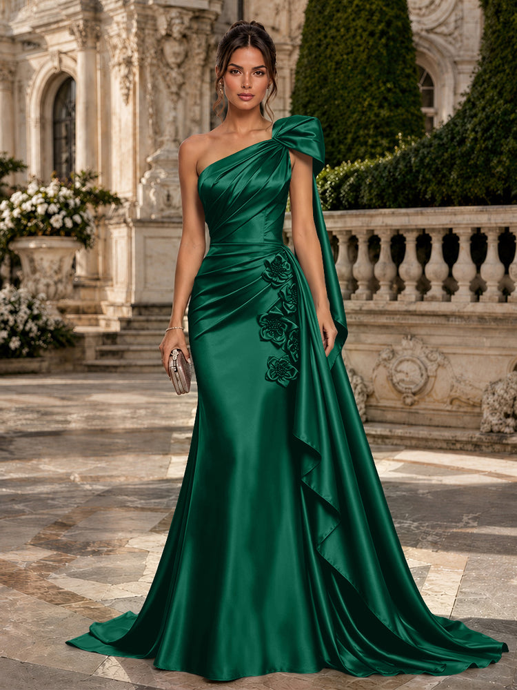 Satin Mermaid One Shoulder Long Evening Dresses with 3D Flowers