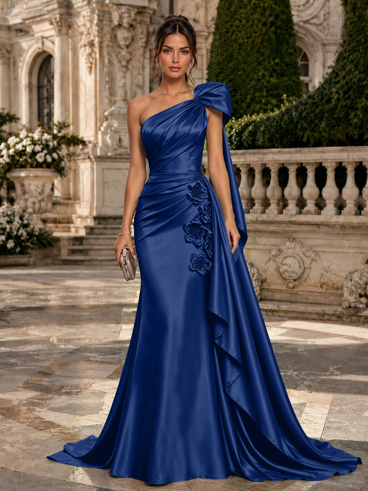 Satin Mermaid One Shoulder Long Evening Dresses with 3D Flowers