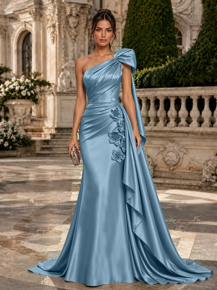 Satin Mermaid One Shoulder Long Evening Dresses with 3D Flowers