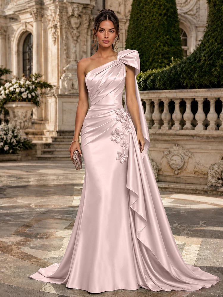 Satin Mermaid One Shoulder Long Evening Dresses with 3D Flowers