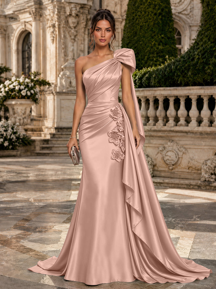 Satin Mermaid One Shoulder Long Evening Dresses with 3D Flowers