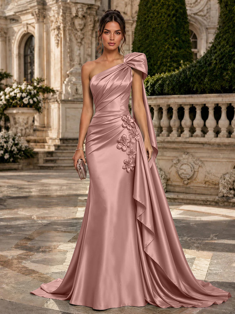 Satin Mermaid One Shoulder Long Evening Dresses with 3D Flowers