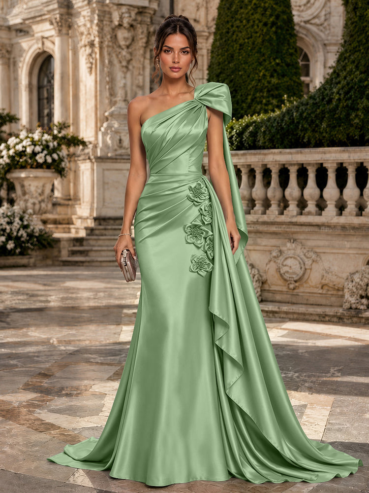 Satin Mermaid One Shoulder Long Evening Dresses with 3D Flowers