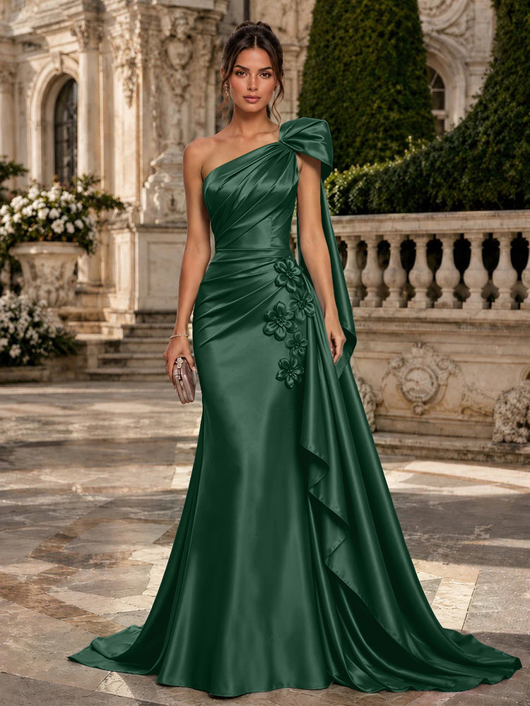 Satin Mermaid One Shoulder Long Evening Dresses with 3D Flowers