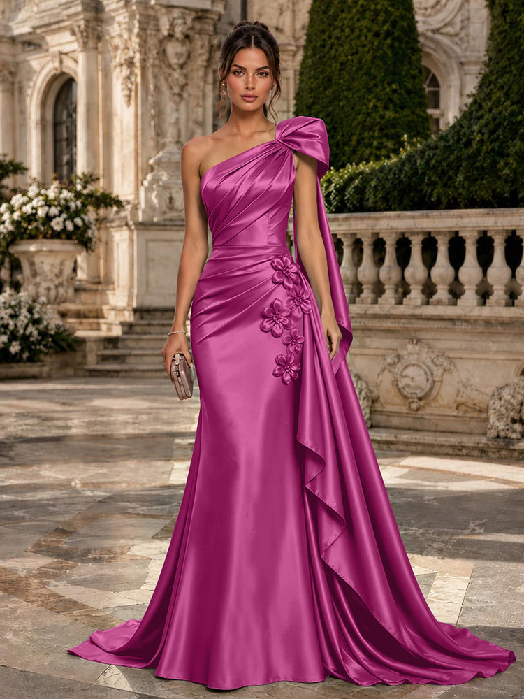 Satin Mermaid One Shoulder Long Evening Dresses with 3D Flowers