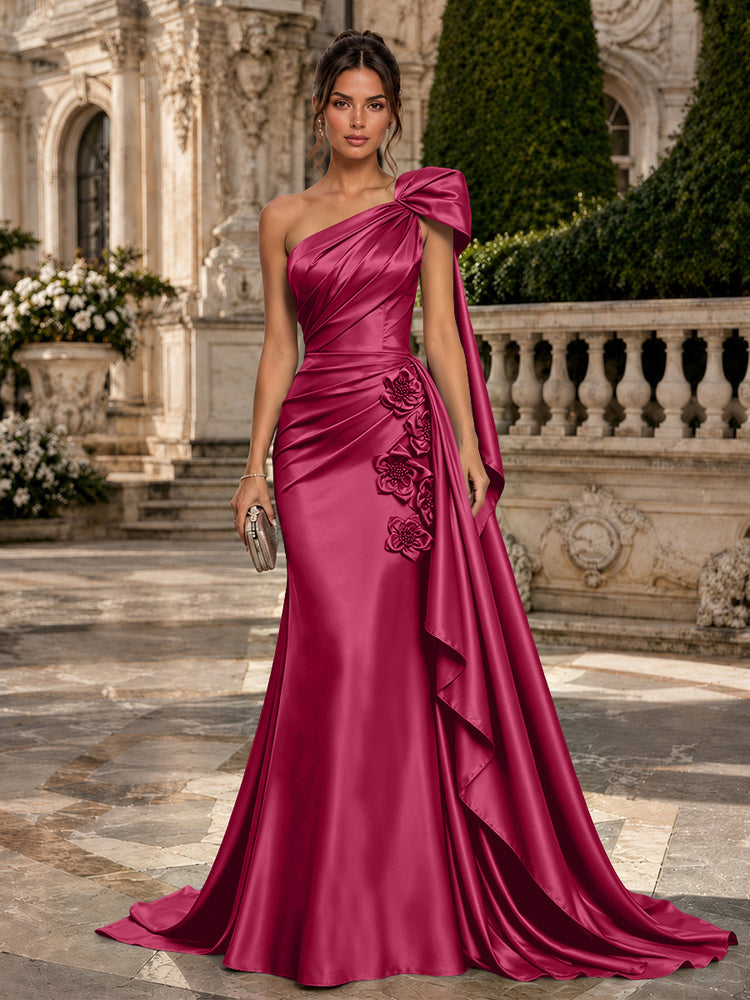 Satin Mermaid One Shoulder Long Evening Dresses with 3D Flowers