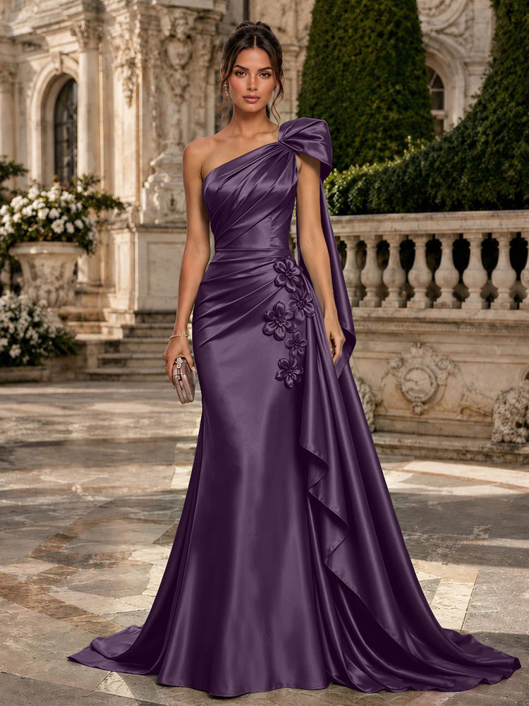 Satin Mermaid One Shoulder Long Evening Dresses with 3D Flowers