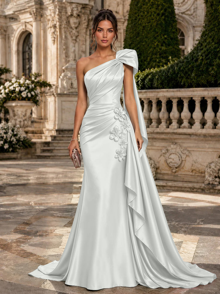 Satin Mermaid One Shoulder Long Evening Dresses with 3D Flowers