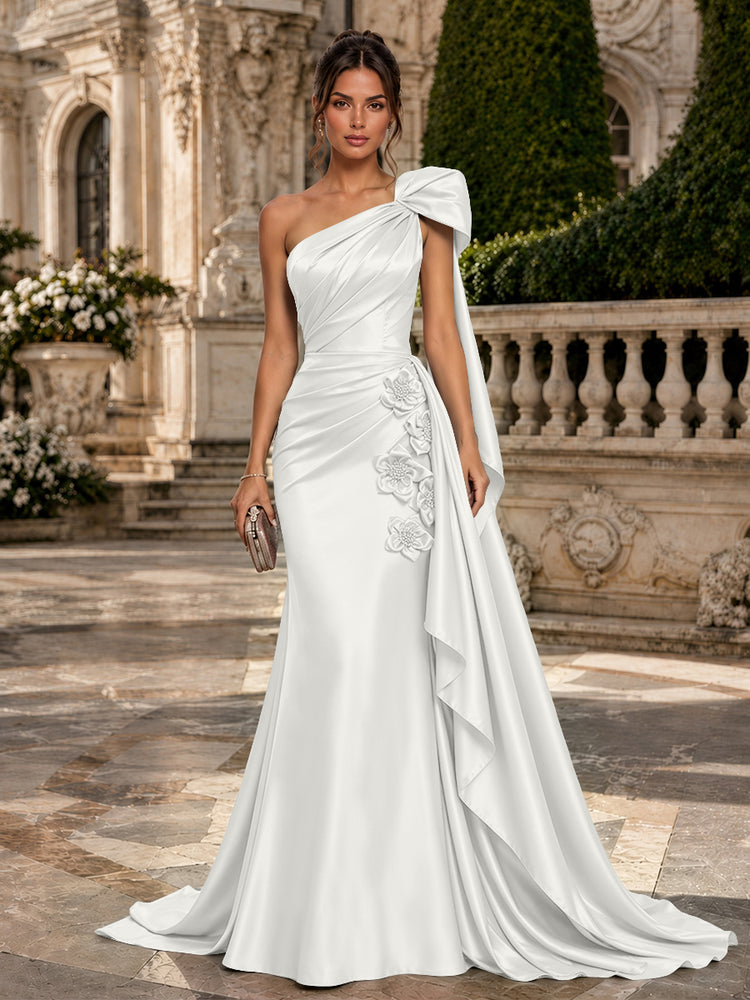 Satin Mermaid One Shoulder Long Evening Dresses with 3D Flowers