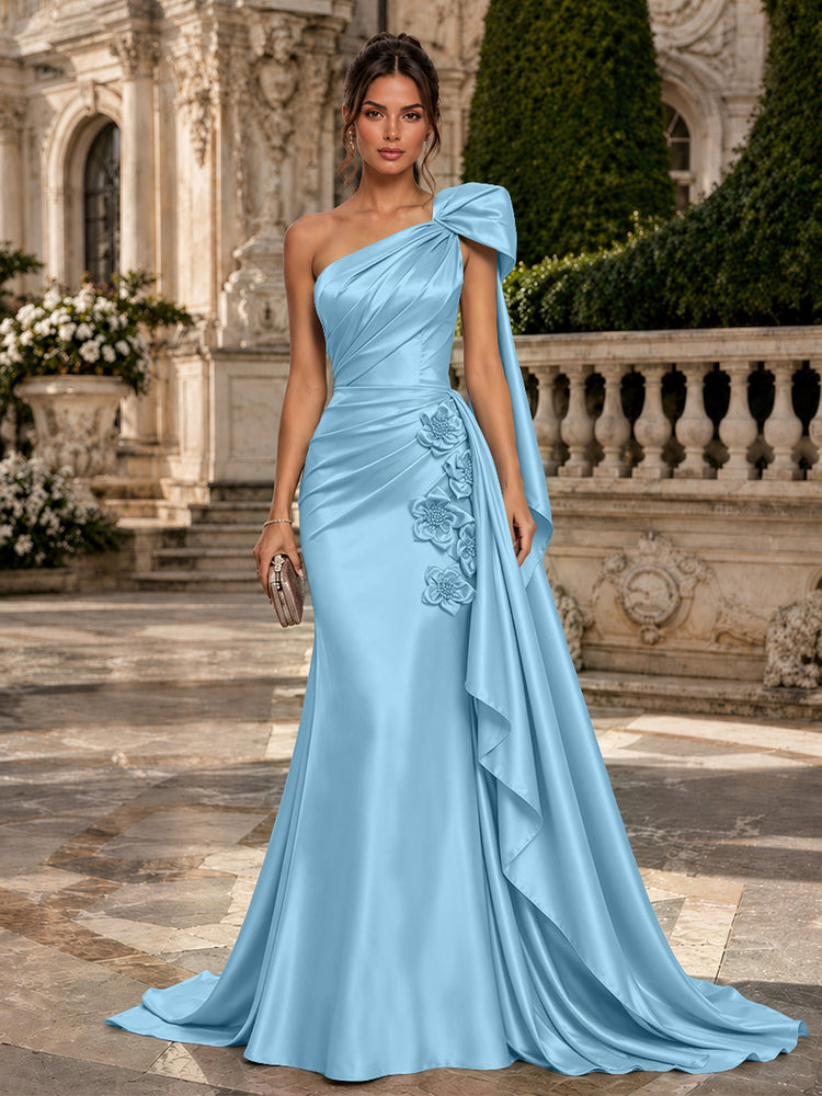 Satin Mermaid One Shoulder Long Evening Dresses with 3D Flowers