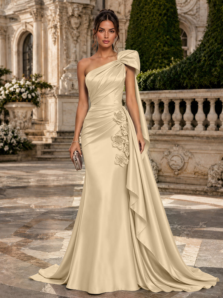 Satin Mermaid One Shoulder Long Evening Dresses with 3D Flowers