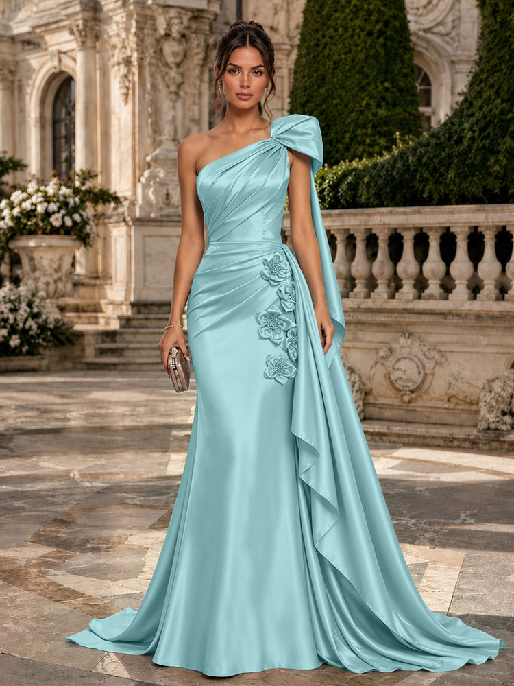 Satin Mermaid One Shoulder Long Evening Dresses with 3D Flowers