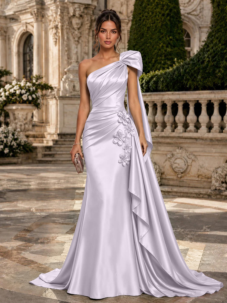Satin Mermaid One Shoulder Long Evening Dresses with 3D Flowers