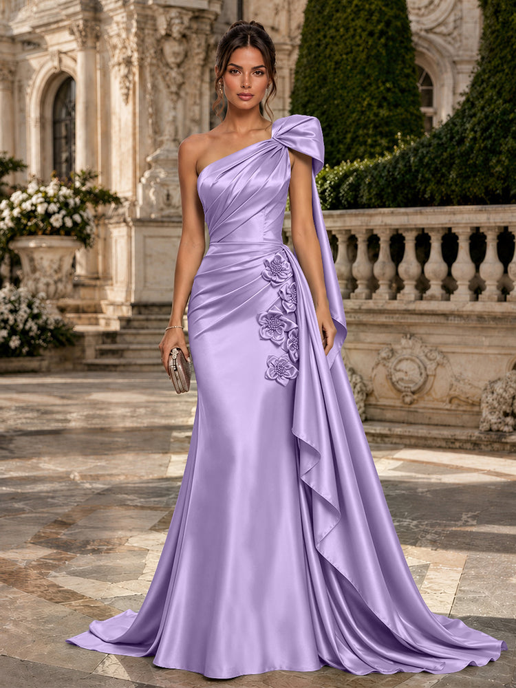 Satin Mermaid One Shoulder Long Evening Dresses with 3D Flowers