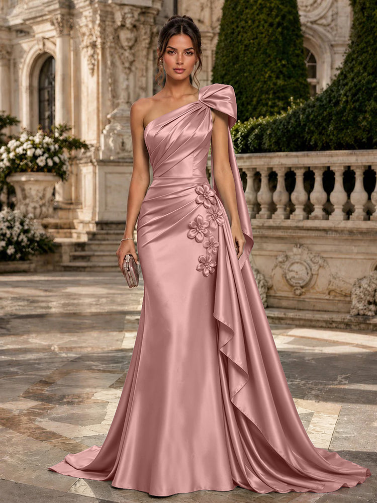 Satin Mermaid One Shoulder Long Evening Dresses with 3D Flowers