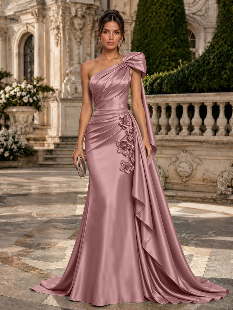Satin Mermaid One Shoulder Long Evening Dresses with 3D Flowers