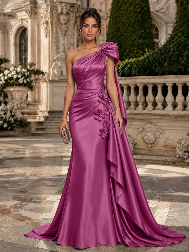 Satin Mermaid One Shoulder Long Evening Dresses with 3D Flowers