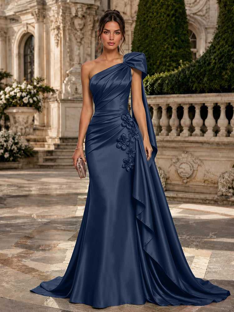Satin Mermaid One Shoulder Long Evening Dresses with 3D Flowers