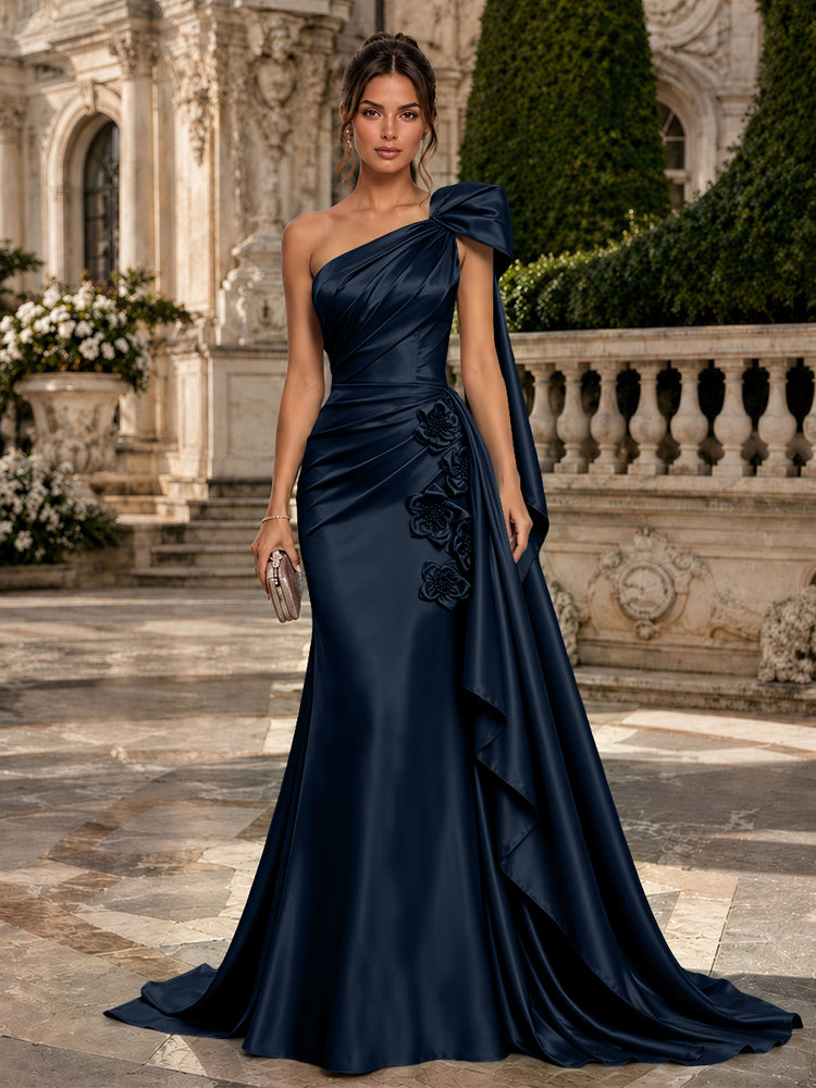Satin Mermaid One Shoulder Long Evening Dresses with 3D Flowers