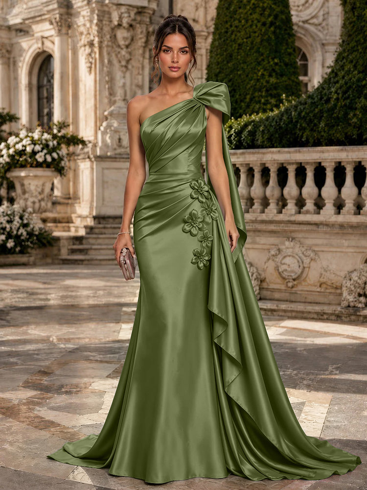 Satin Mermaid One Shoulder Long Evening Dresses with 3D Flowers