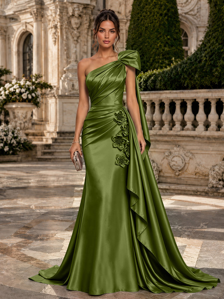 Satin Mermaid One Shoulder Long Evening Dresses with 3D Flowers
