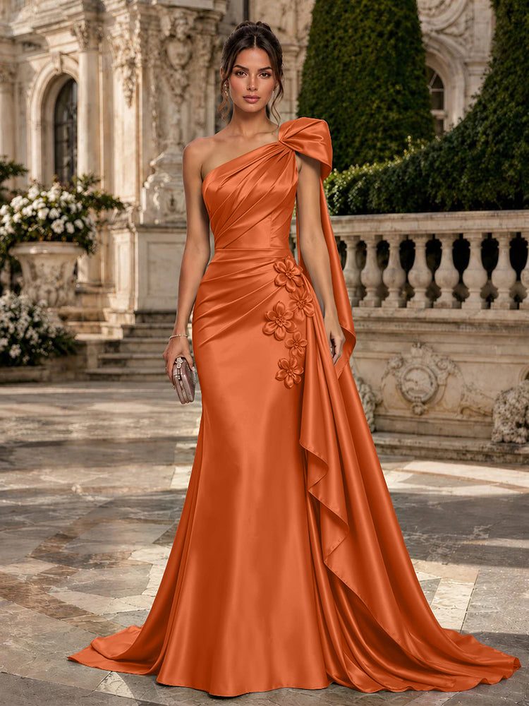 Satin Mermaid One Shoulder Long Evening Dresses with 3D Flowers