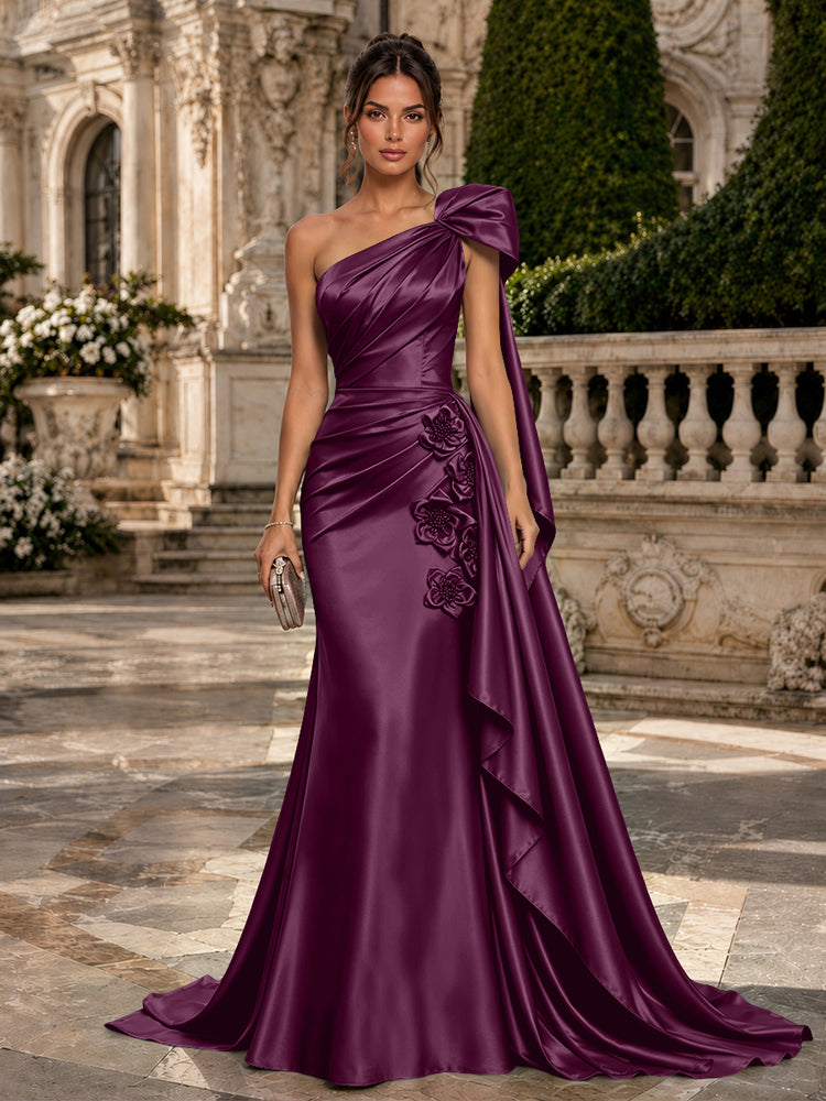 Satin Mermaid One Shoulder Long Evening Dresses with 3D Flowers