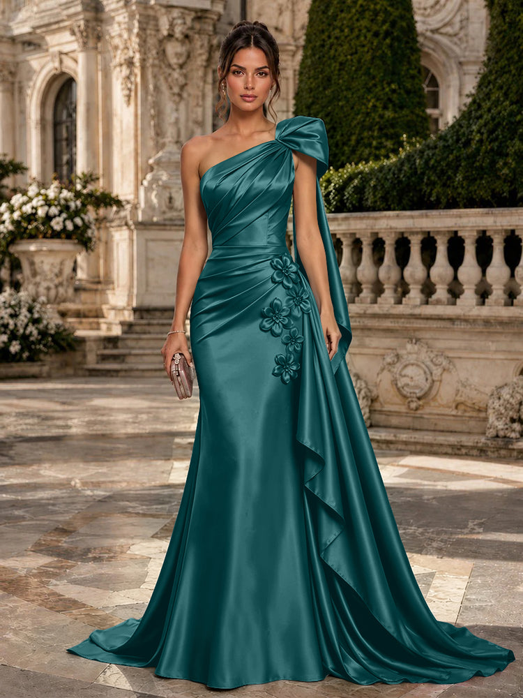 Satin Mermaid One Shoulder Long Evening Dresses with 3D Flowers