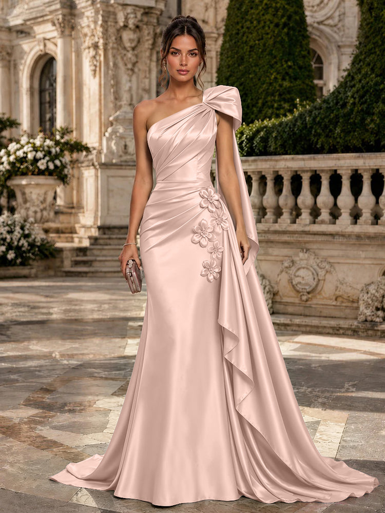 Satin Mermaid One Shoulder Long Evening Dresses with 3D Flowers