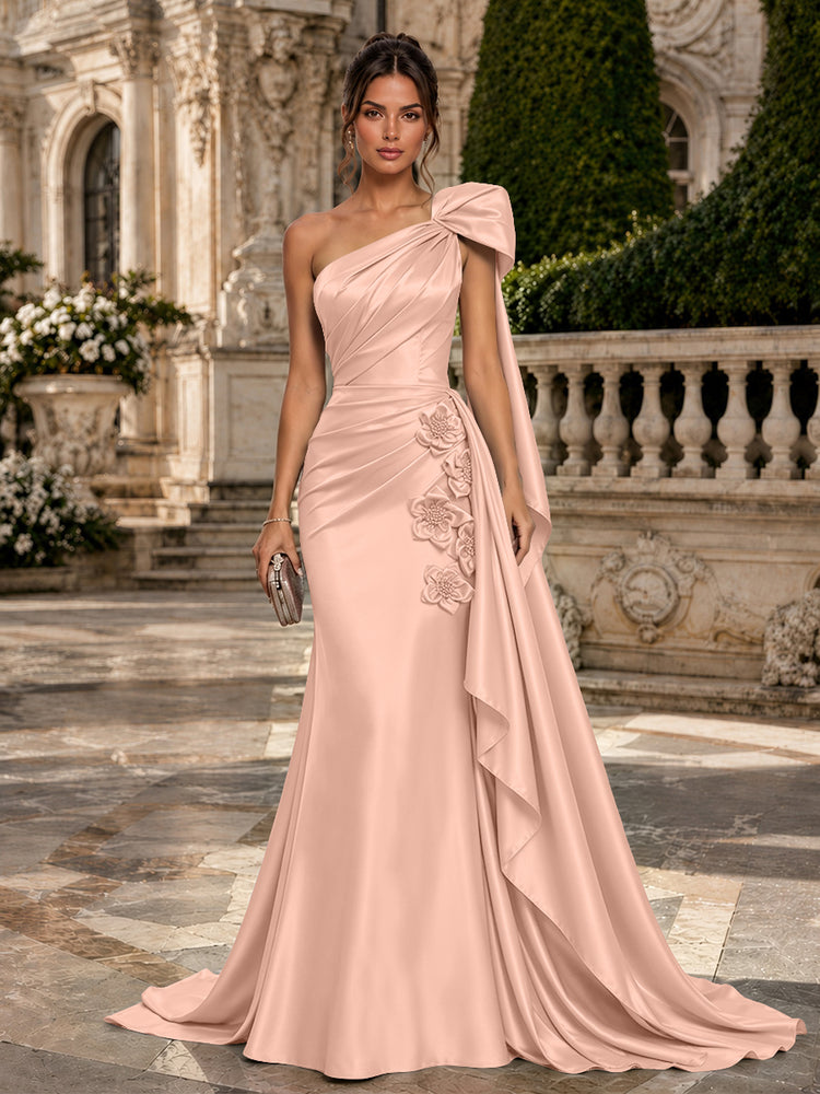 Satin Mermaid One Shoulder Long Evening Dresses with 3D Flowers