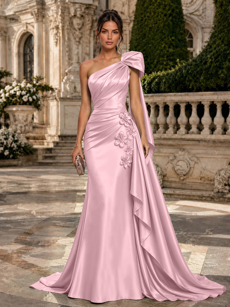 Satin Mermaid One Shoulder Long Evening Dresses with 3D Flowers
