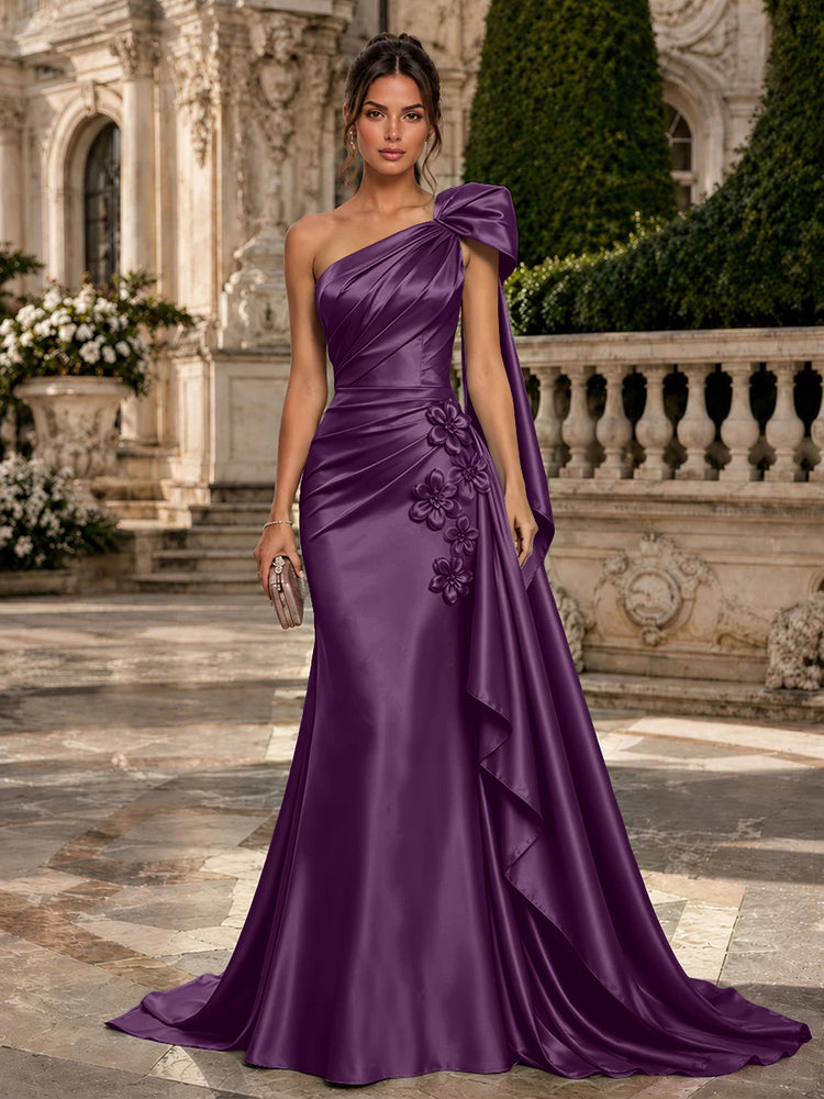 Satin Mermaid One Shoulder Long Evening Dresses with 3D Flowers
