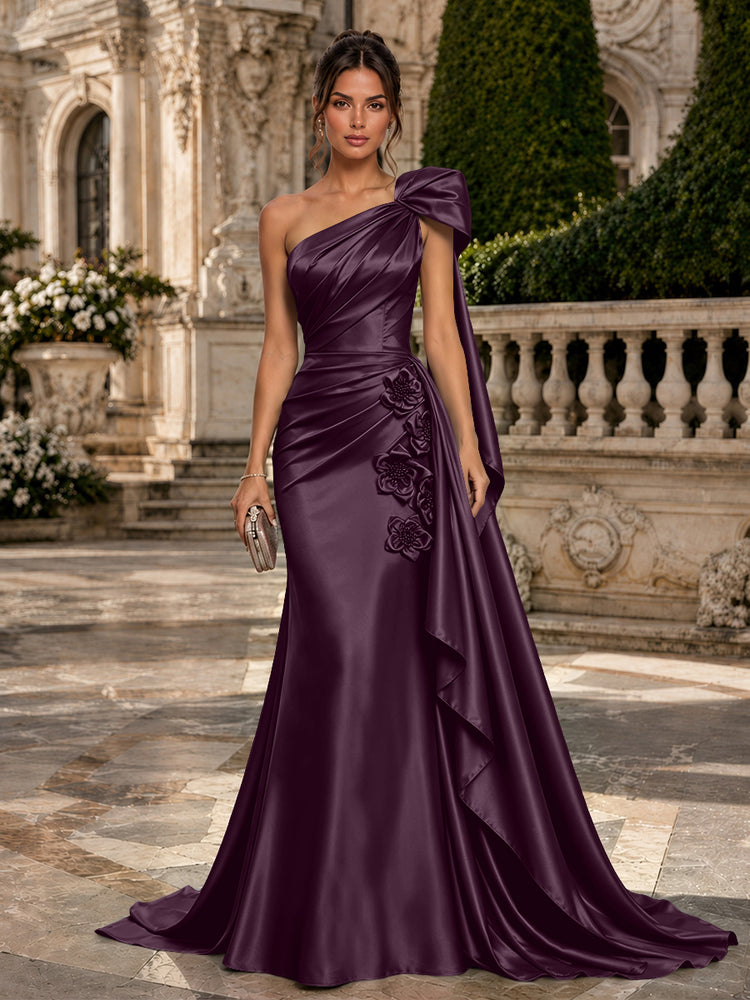 Satin Mermaid One Shoulder Long Evening Dresses with 3D Flowers