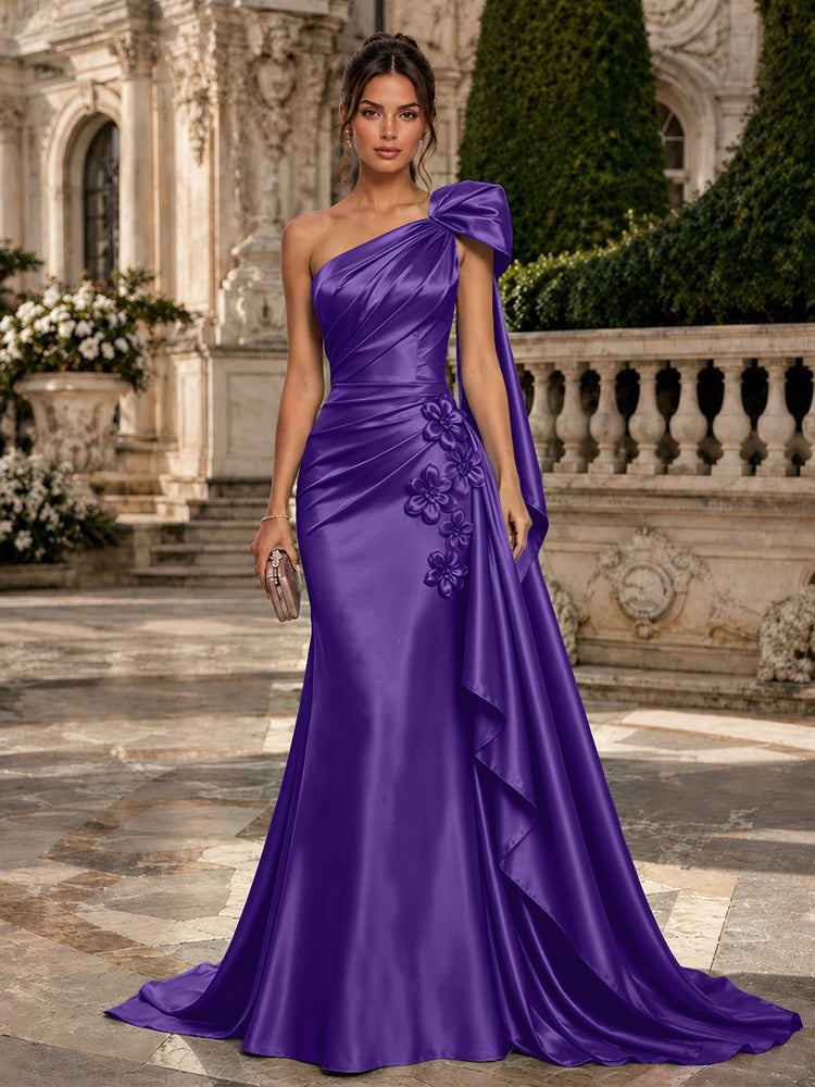 Satin Mermaid One Shoulder Long Evening Dresses with 3D Flowers