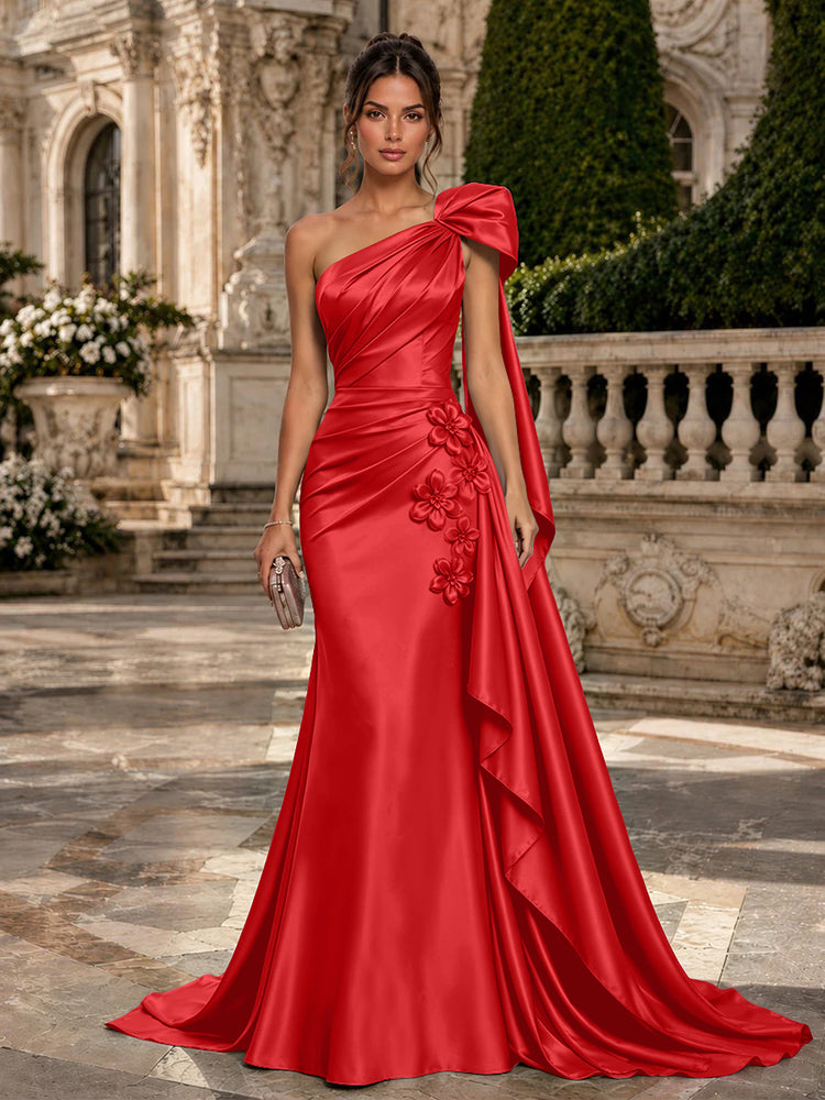 Satin Mermaid One Shoulder Long Evening Dresses with 3D Flowers